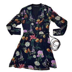 Zara Woman SMALL Black Lined Botanical/Floral Wrap Dress w Sheer Sleeves